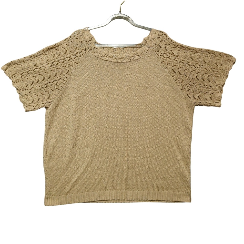 VINTAGE HABAND Womens XL Knit Short Sleeve Sweater Tan Crochet BohoPullover